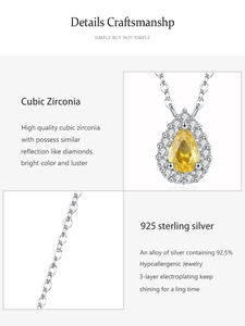 Detail view of S925 silver necklace with pear-cut yellow zirconia and plating info