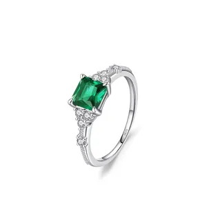 S925 Sterling Silver Emerald Green Zirconia Ring For Women Vintage Luxurious Square Cut Gemstone Finger Ring Jewelry Gift