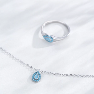 Conjunto de joyas de plata S925 con colgante de gota en esmalte turquesa y anillo