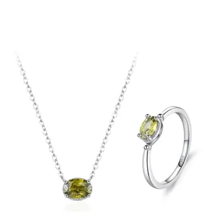 Parure Bijoux en Argent Sterling 925 pour Femme Niche Française Zirconia Vert Olive Ovale Collier Pendentif Et Bague Mode