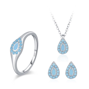 Conjunto de joyas en plata S925 con piedras de pera azul turquesa y diseño de halo