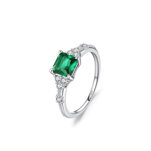 Elegant S925 sterling silver ring with square emerald green stone and micro-pave diamonds