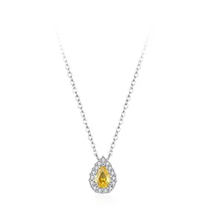 925 Sterling Silver Pear Cut Yellow Zirconia Pendant Necklace For Women Elegant Water Drop Halo Rhinestone Clavicle Chain
