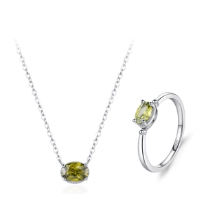 Parure bijoux en argent S925 avec collier et bague en pierre précieuse vert olive