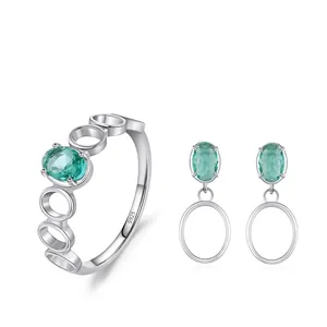 925 Sterling Silver Jewelry For Women Oval Blue Green Zirconia Stud Earrings Geometric Circular Finger Ring Fashion Elegant Accessories