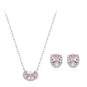 Set di Gioielli in Argento Sterling 925 Rosa Ovale per Donna Elegante Collana con Pendente Halo in Strass e Orecchini