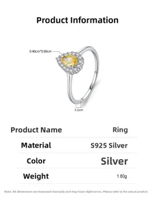 Macro shot of S925 sterling silver ring showing pear-cut yellow stone and 1.80g weight info
