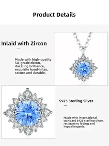 Détail macro du pendentif tournesol en argent S925 avec zircons bleus de grade 5A