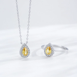S925 sterling silver necklace and ring set with yellow teardrop stones and halo diamonds