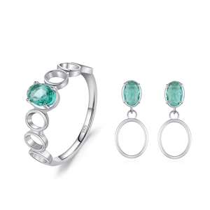 S925 sterling silver jewelry set featuring green gemstone rings and drop earrings