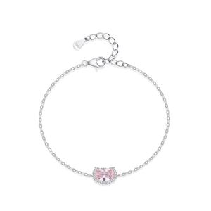 S925 sterling silver cat-shaped bracelet with pink morganite and sparkling cubic zirconia
