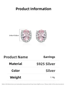 Macro detail of S925 silver oval morganite earrings with halo diamonds and dimensions