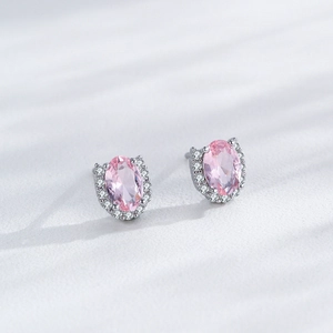 Elegant S925 sterling silver jewelry set featuring pink oval zircon earrings with halo stones