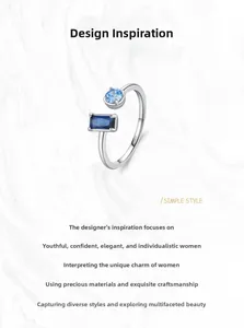 Macro d'une bague en argent S925 avec zircons cubiques bleus ronds et rectangulaires