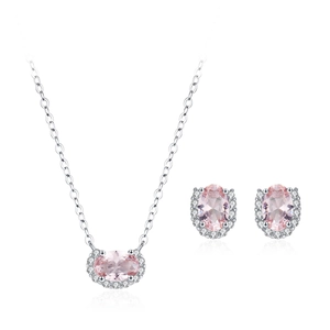 Elegante set di gioielli in argento 925 con collana e orecchini in pietra rosa ovale