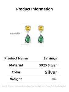 Detailed spec view of S925 silver earrings with yellow and green zircon stones