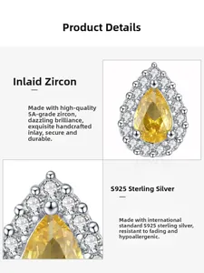 Macro d'une boucle d'oreille en argent S925 avec zircon jaune en poire et halo de pierres