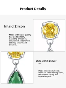 Detailed view of S925 sterling silver earrings with 5A yellow and green cubic zirconia