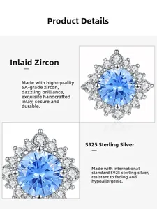 Macro detail of S925 silver sunflower stud with 5A blue zircon and pave settings