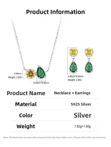 Parure bijoux argent S925 avec pierres précieuses vert goutte et jaune rondes