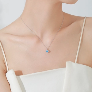 Collier tournesol en argent sterling S925 avec aigue-marine bleue et diamants blancs