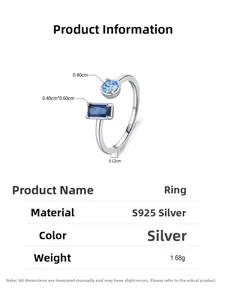 Bague en argent S925 avec zircons bleus géométriques et mesures de taille précises