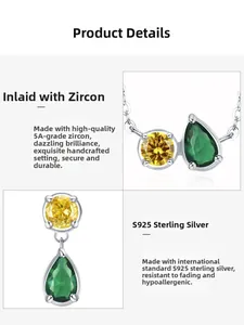 Détail du collier en argent S925 avec pendentifs en zircone 5A jaune et verte
