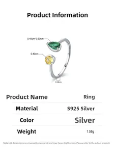 Detail of S925 silver ring with yellow and green geometric zircon stones and dimensions