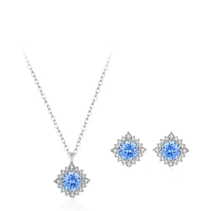 Ensemble Bijoux Argent Sterling 925 Aquamarine Bleu Zirconia Tournesol Collier Élégant et Boucles d'Oreilles Femme