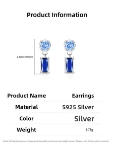 Macro detail of S925 silver earrings with blue sapphire crystals showing 1.4cm dimensions
