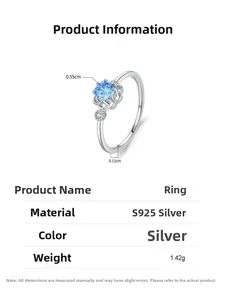Detailed size and material technical specifications for the blue zircon flower ring