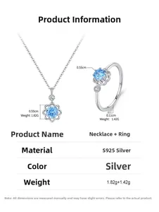 Detailed size parameters for S925 sterling silver light blue flower jewelry set