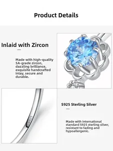 Macro detail of S925 sterling silver ring with blue zircon and hallmark engraving