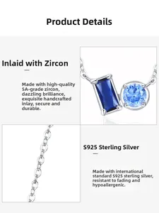 Macro shot of S925 sterling silver necklace with blue 5A zircons and manual inlay detail