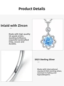Close-up of S925 sterling silver stamp and 5A sea blue zircon flower necklace detail
