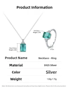 Detail of S925 silver necklace and ring set with 0.6x0.8cm emerald cut green gemstone