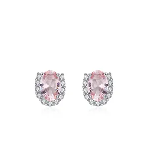 925 Sterling Silver Pink Oval Halo Stud Earrings For Women Elegant Rhinestone Inlaid Geometric Design Jewelry Finger Accessories