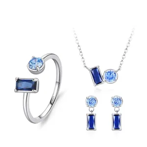 Collection de Bijoux Élégants en Argent Sterling 925 avec Zirconia Bleu pour Femmes Collier Pendentif Carré Bague Oreilles