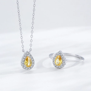 Elegant S925 sterling silver set with pear-cut yellow diamond necklace and ring