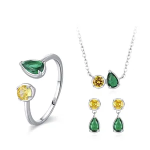 Parure de Bijoux Géométriques en Argent Sterling 925 pour Femme Collier Pendentif Zirconia Vert Jaune Boucles d'oreilles Bague
