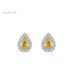 Boucles d'Oreilles Clous Goutte d'Eau en Argent Sterling 925 pour Femmes Élégant Zirconia Jaune Halo Bijoux de Mode Cadeau ED3460