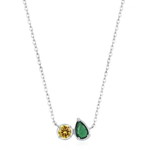 Collier Pendentif Géométrique en Argent Sterling S925 avec Zirconia pour Femme Pierre Ronde Jaune et Verte en Forme de Goutte