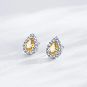 Boucles d'oreilles S925 en argent avec goutte de zircon jaune et contour en cristal