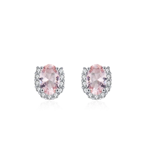 Elegant S925 sterling silver oval pink morganite stud earrings with halo diamond accent