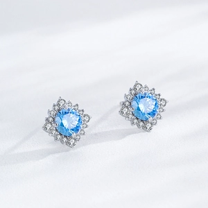 S925 sterling silver sunflower stud earrings with sea blue gem and white crystals