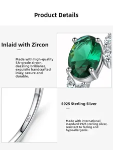Macro detail of S925 sterling silver ring featuring a 5A grade oval emerald zircon