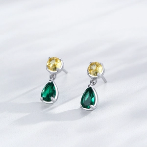 Elegant S925 silver earrings with round yellow and pear-cut emerald green zircons