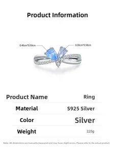 Detail view of S925 silver ring with blue pear-cut stones and dimensions chart