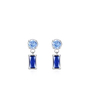 925 Sterling Silver Geometric Blue Zirconia Dangle Stud Earrings Light Luxury Minimalist Jewelry For Women Birthday Gift