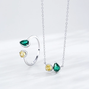 Parure en argent S925 avec pierres précieuses vert poire et jaune rondes élégantes